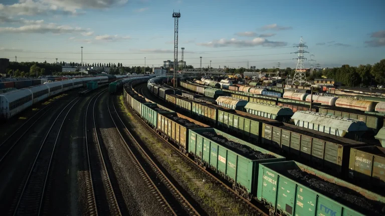 Vagões de carga sobre trilhos de ferrovia