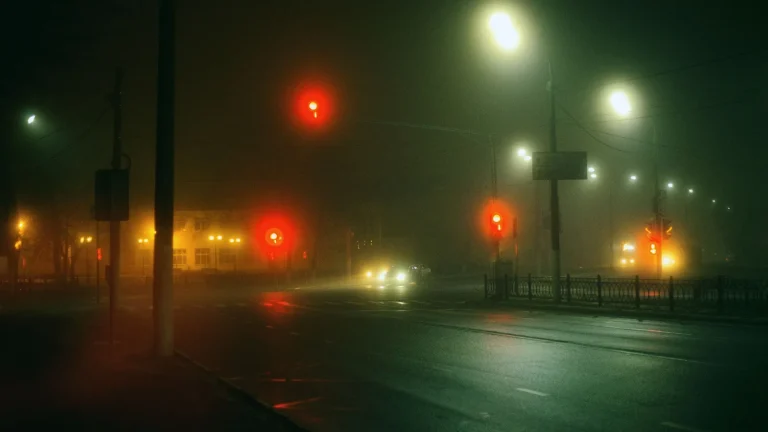 Semáforos acesos em via urbana à noite